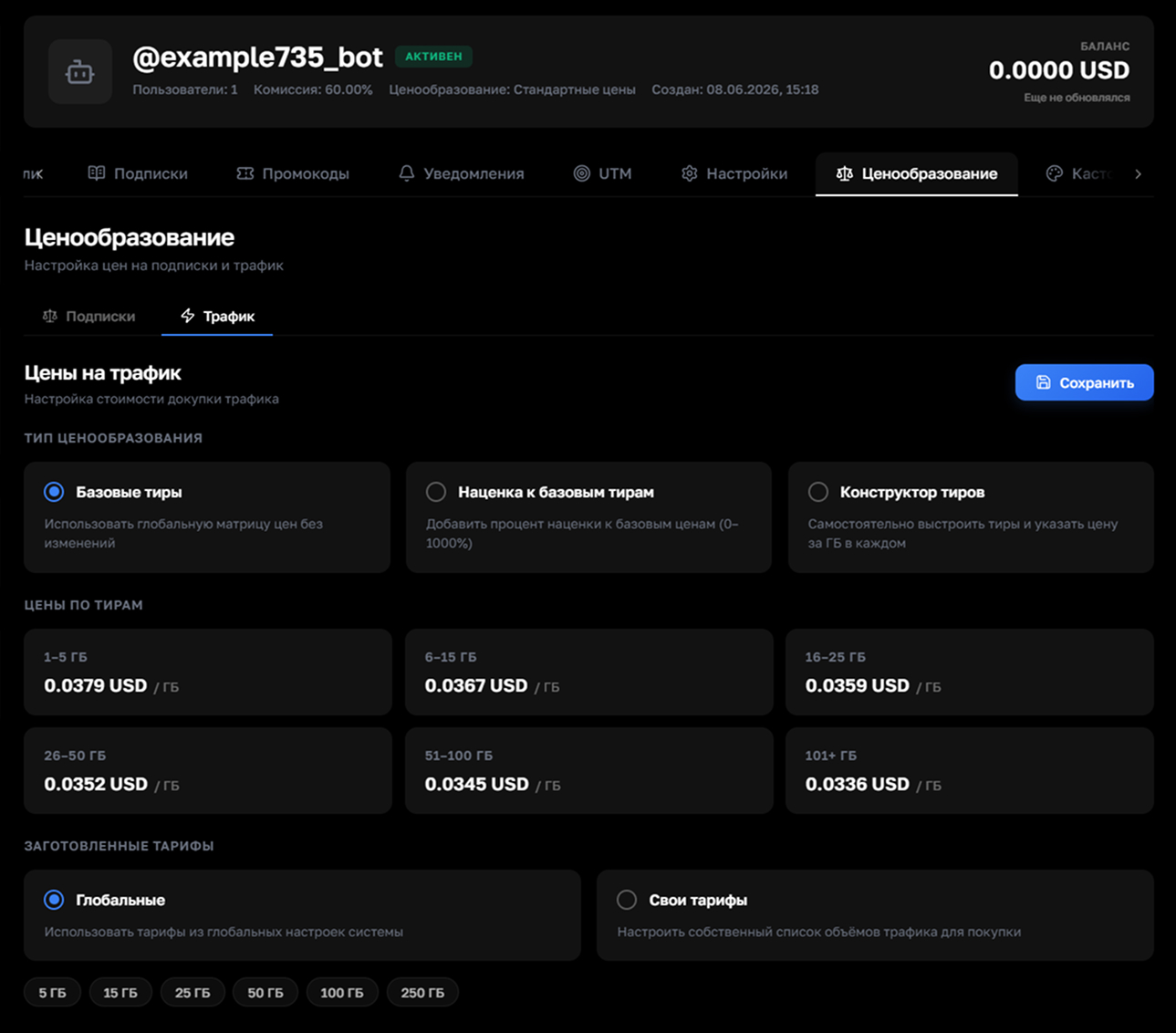 Configuring traffic prices